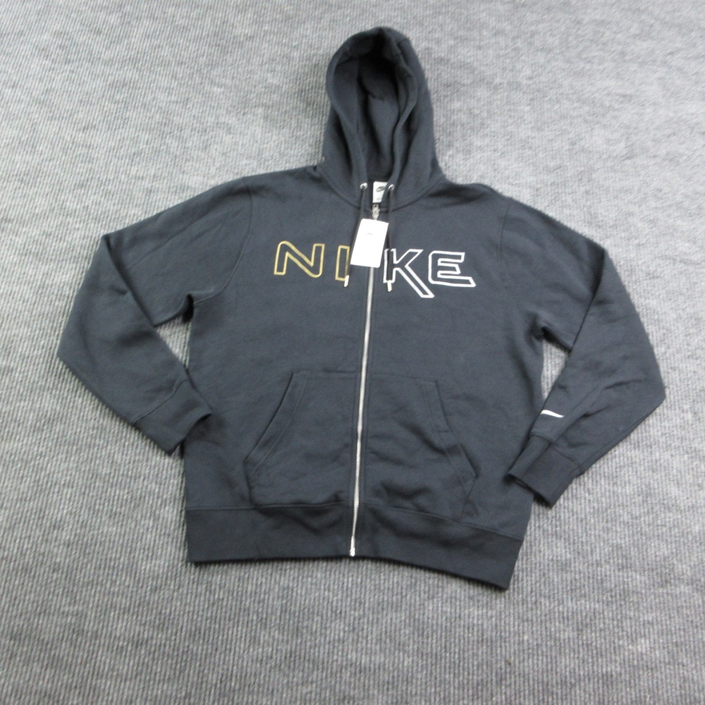 Nike Hoodie Mens L Black Full Zip Hooded Pockets Graphic Print Fleece Logo NWT
